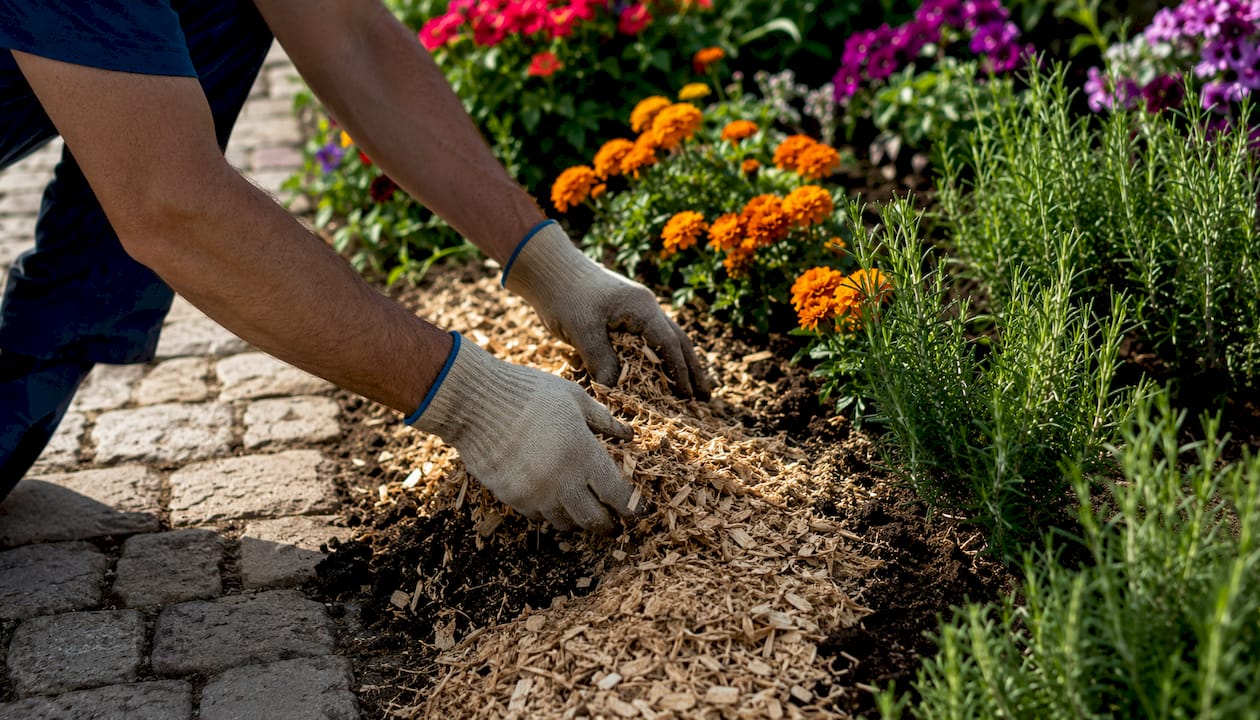 Hands applying mulch for weed control