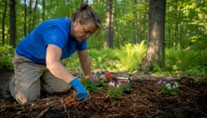 Homeowner spreading mulch in garden bed