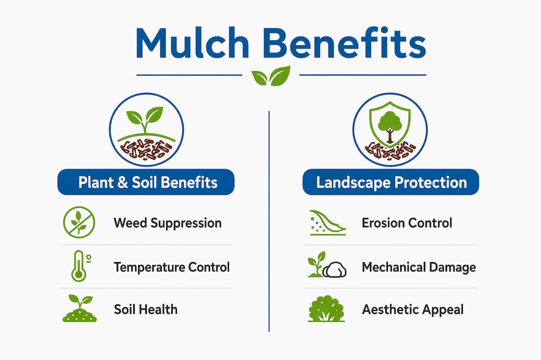 Infographic showing mulch benefits split into plant and landscape categories