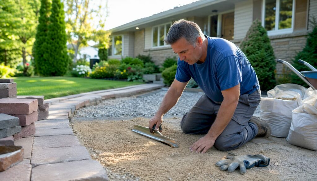 Man installing front yard walkway base outdoors