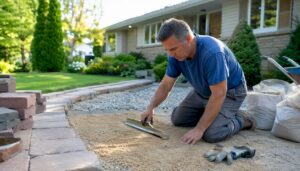 Man installing front yard walkway base outdoors