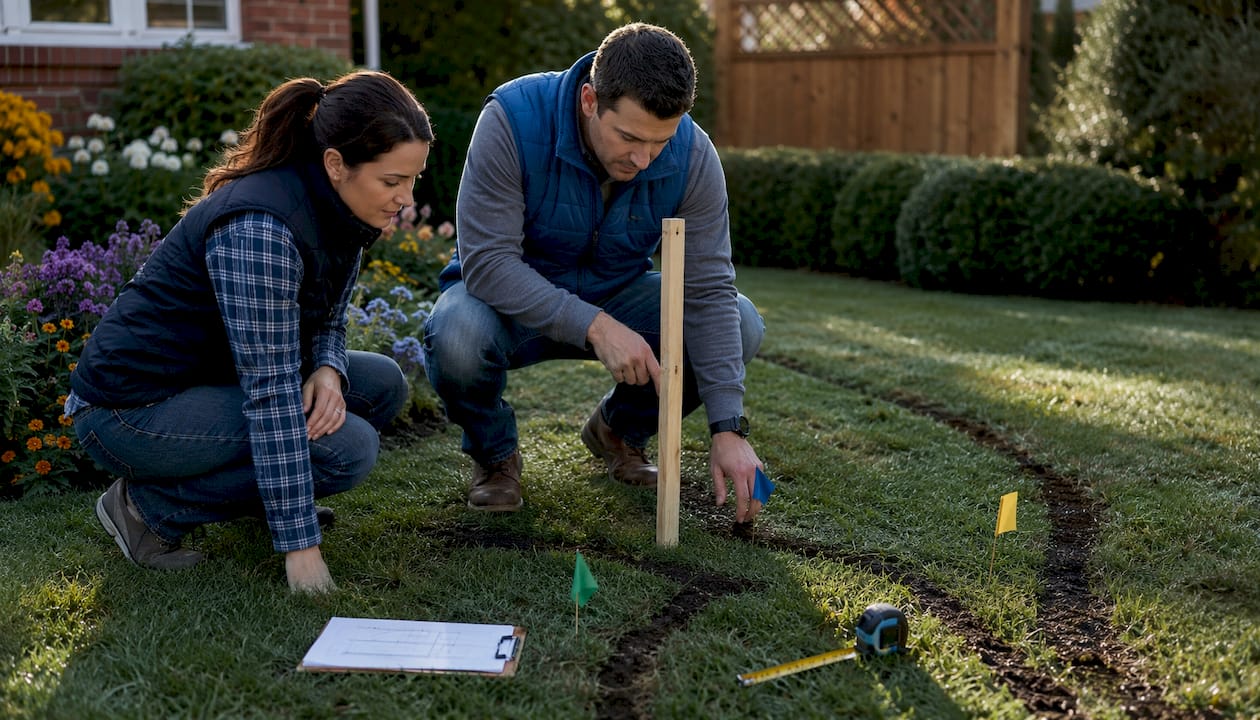 Couple planning front walkway path outdoors
