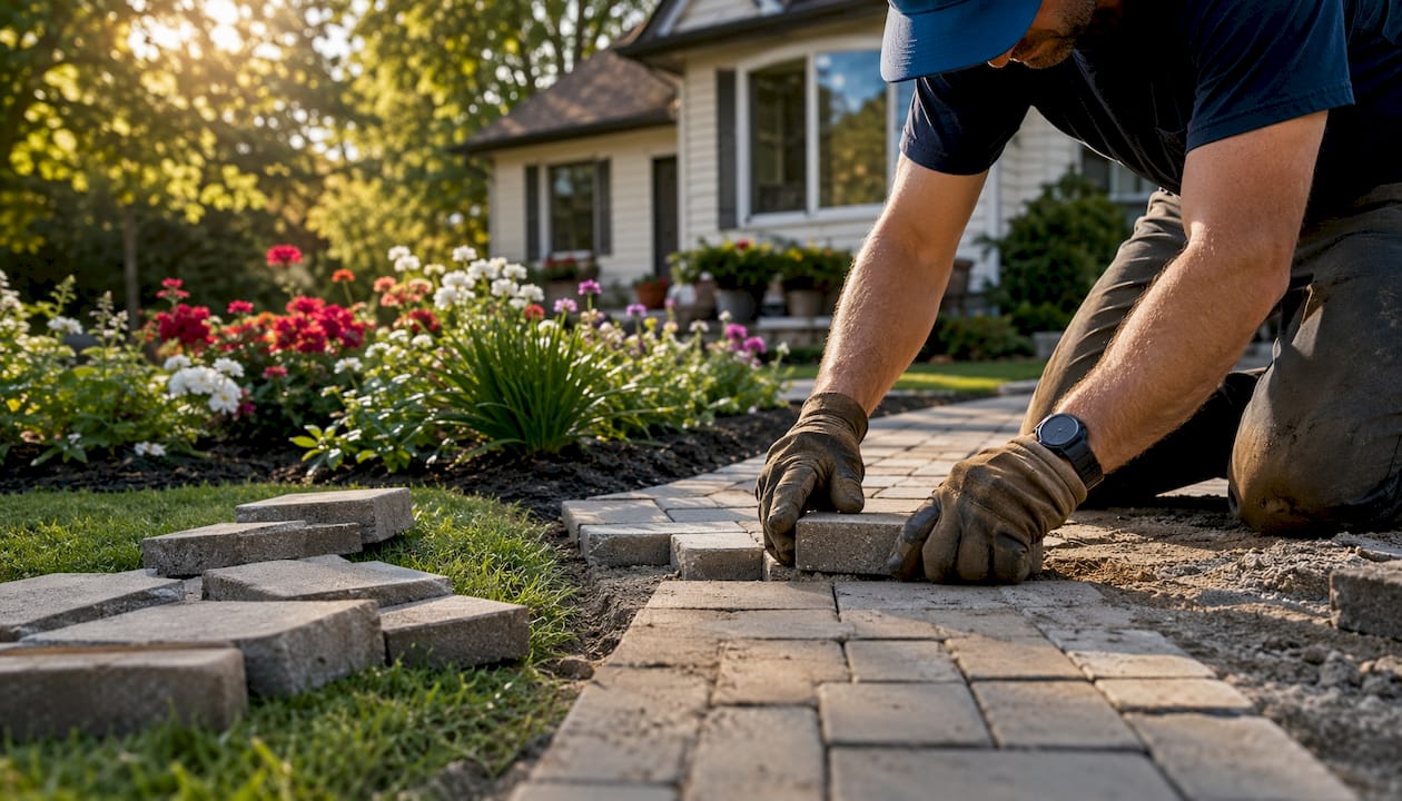 Hands setting pavers on sand bed front yard