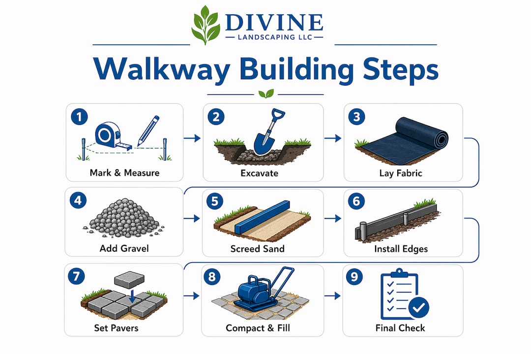 Infographic showing front walkway building step-by-step