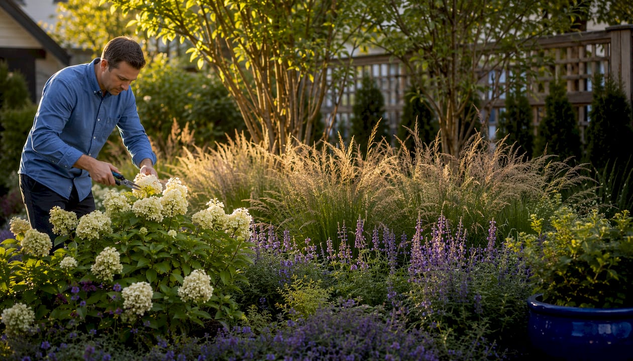 Layered plant privacy screen with gardener