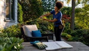 Woman measuring privacy in backyard