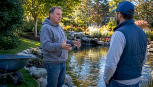 Homeowner consulting landscaping professional outdoors