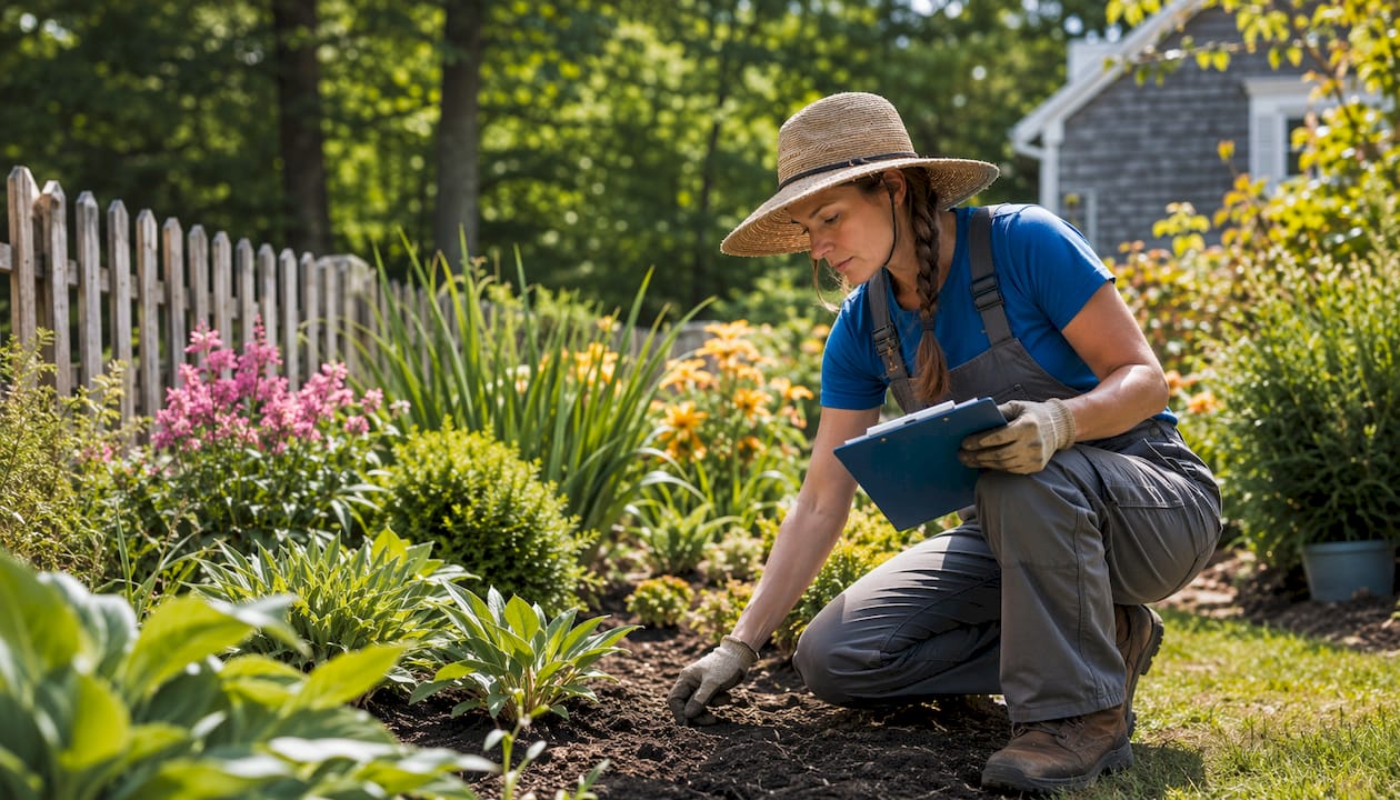 Landscape contractor reviewing soil samples onsite