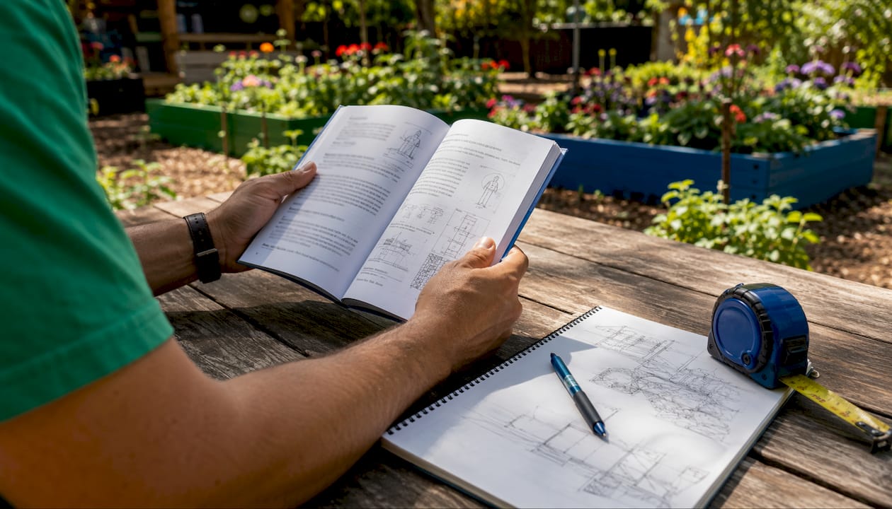 Hands reading ADA regulations outdoors with tape measure