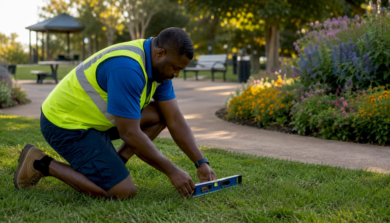 Landscape inspector measuring slope on accessible path