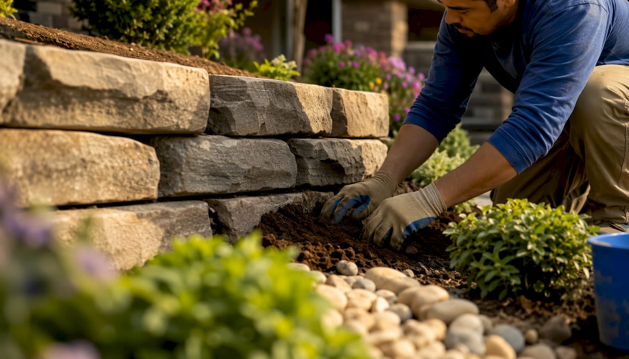 Contractor inspecting retaining wall base near foundation