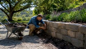 Landscaper examining stone retaining wall outdoors