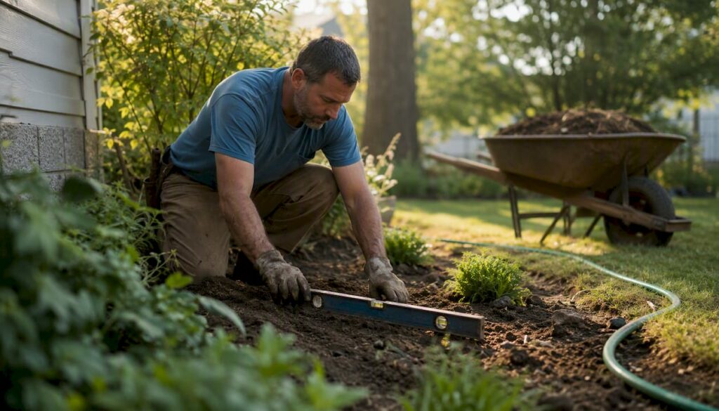 Landscaper grading soil near house foundation