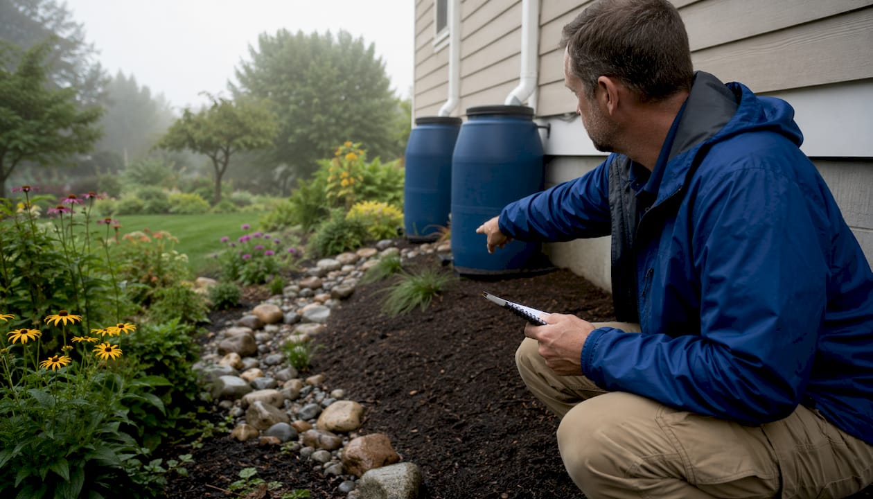 Landscaper checking foundation drainage grading