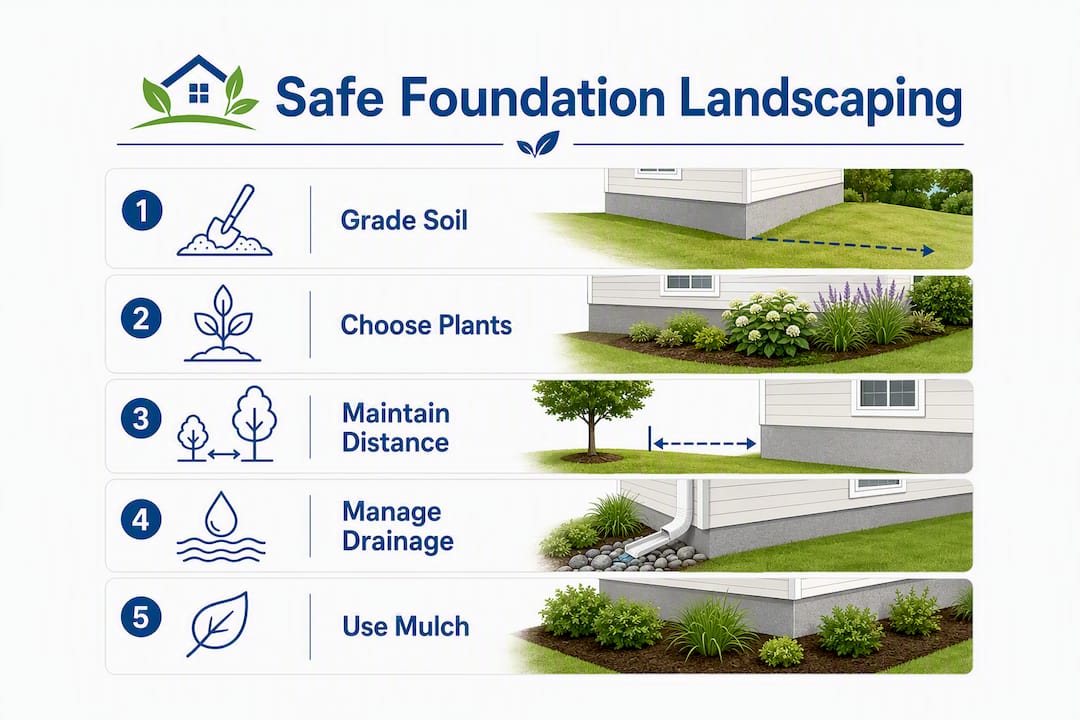 Infographic showing safe foundation landscaping steps