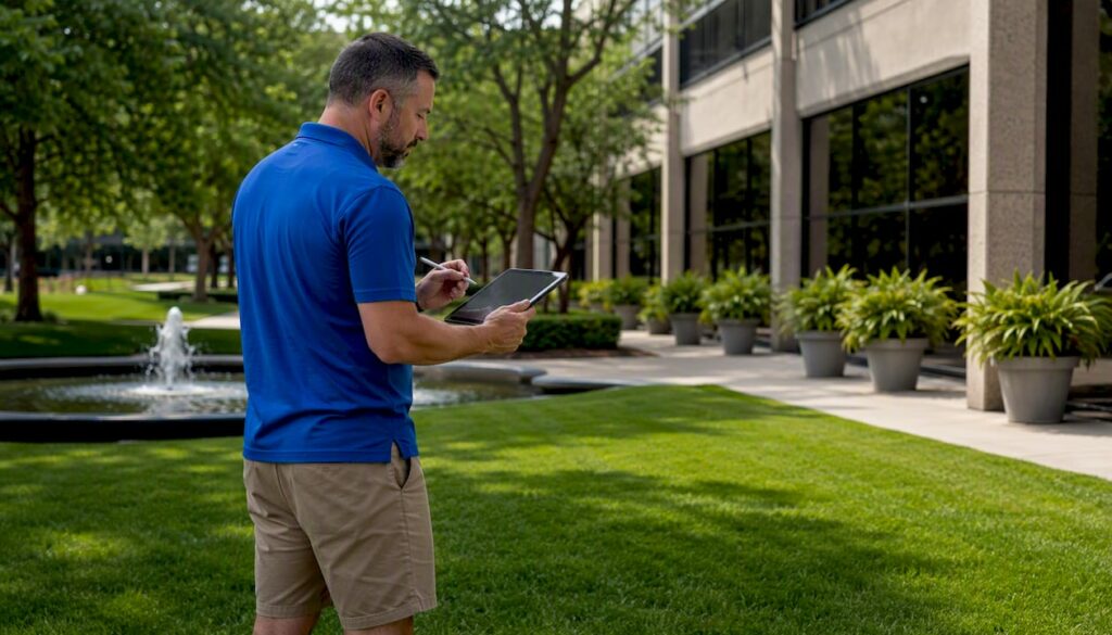 Grounds manager inspecting commercial lawn care quality