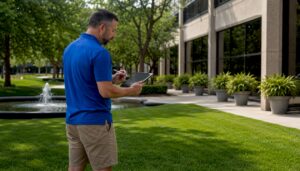 Grounds manager inspecting commercial lawn care quality