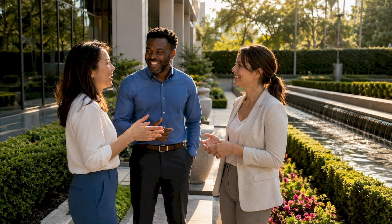 Professionals walking past commercial landscaped property