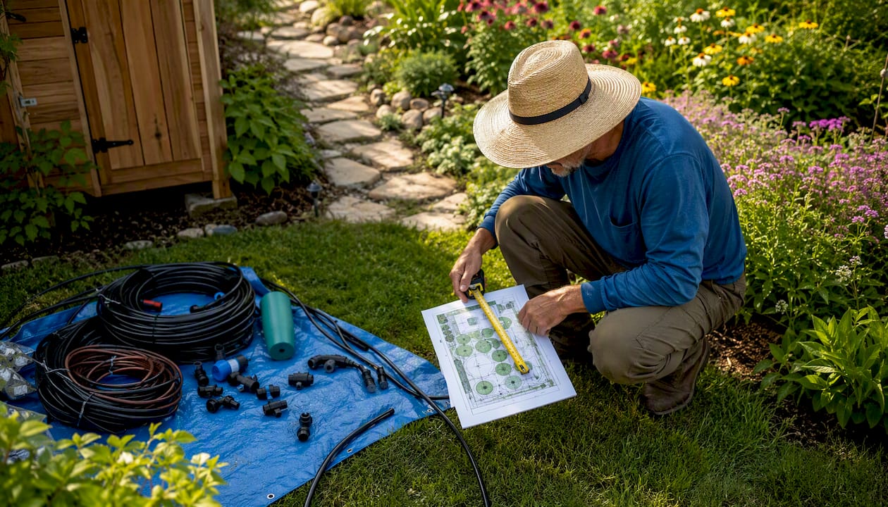Man measuring yard for irrigation plan