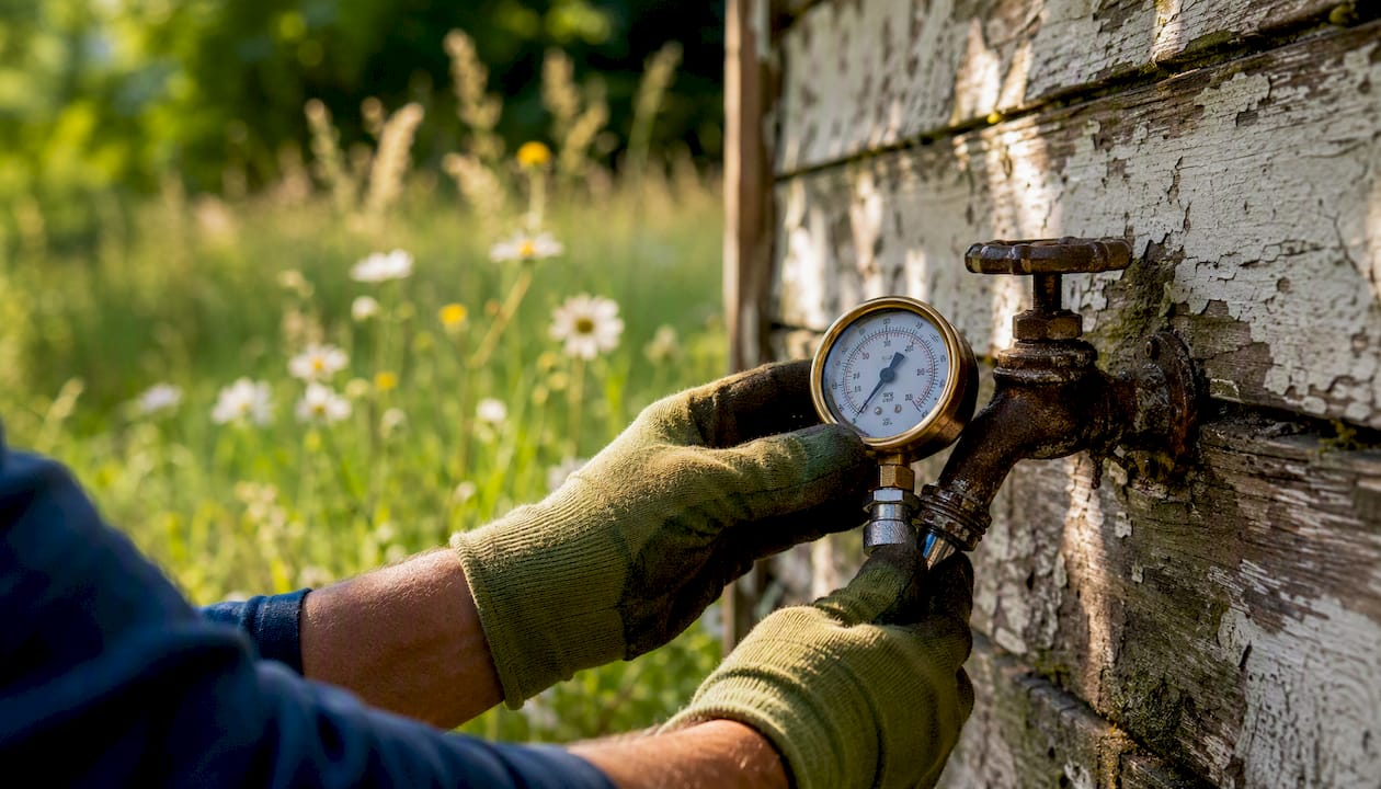 Hands fitting pressure gauge on outdoor hose bib
