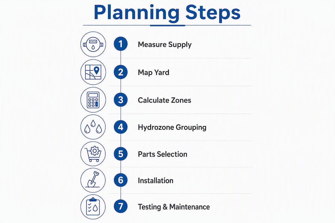 Infographic showing steps to plan irrigation system