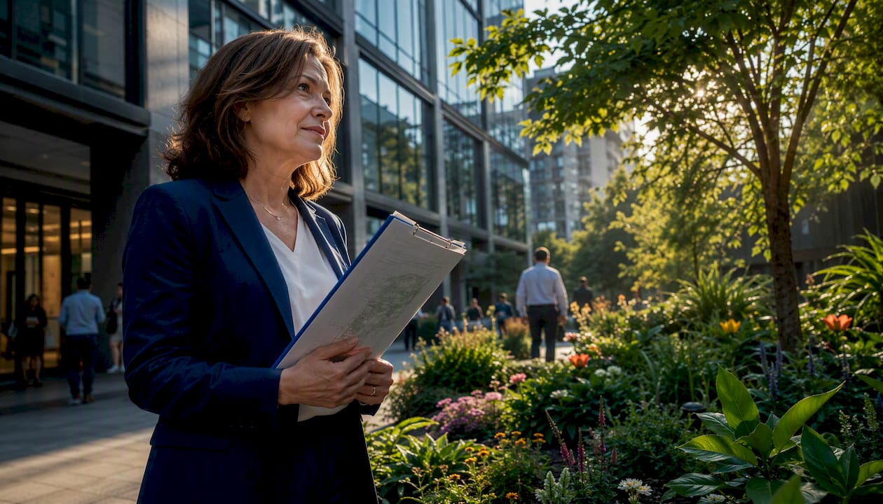 Property owner evaluating green rooftop garden