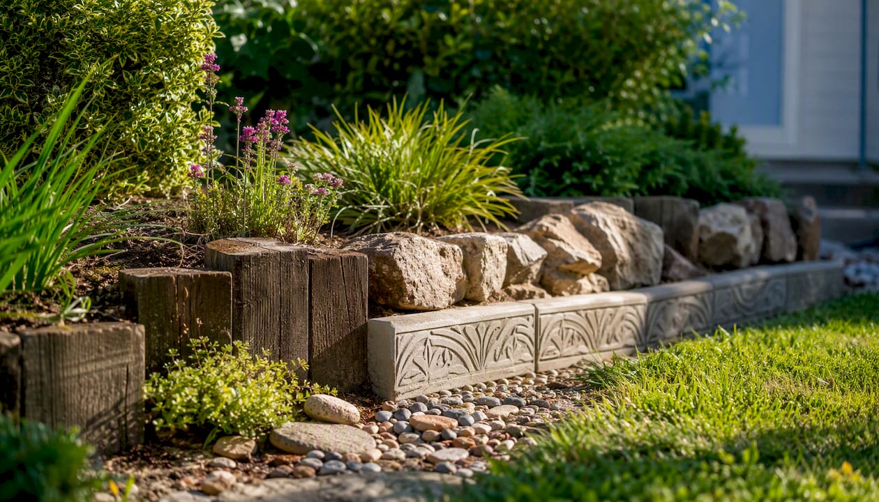 Variety of garden border materials outdoors