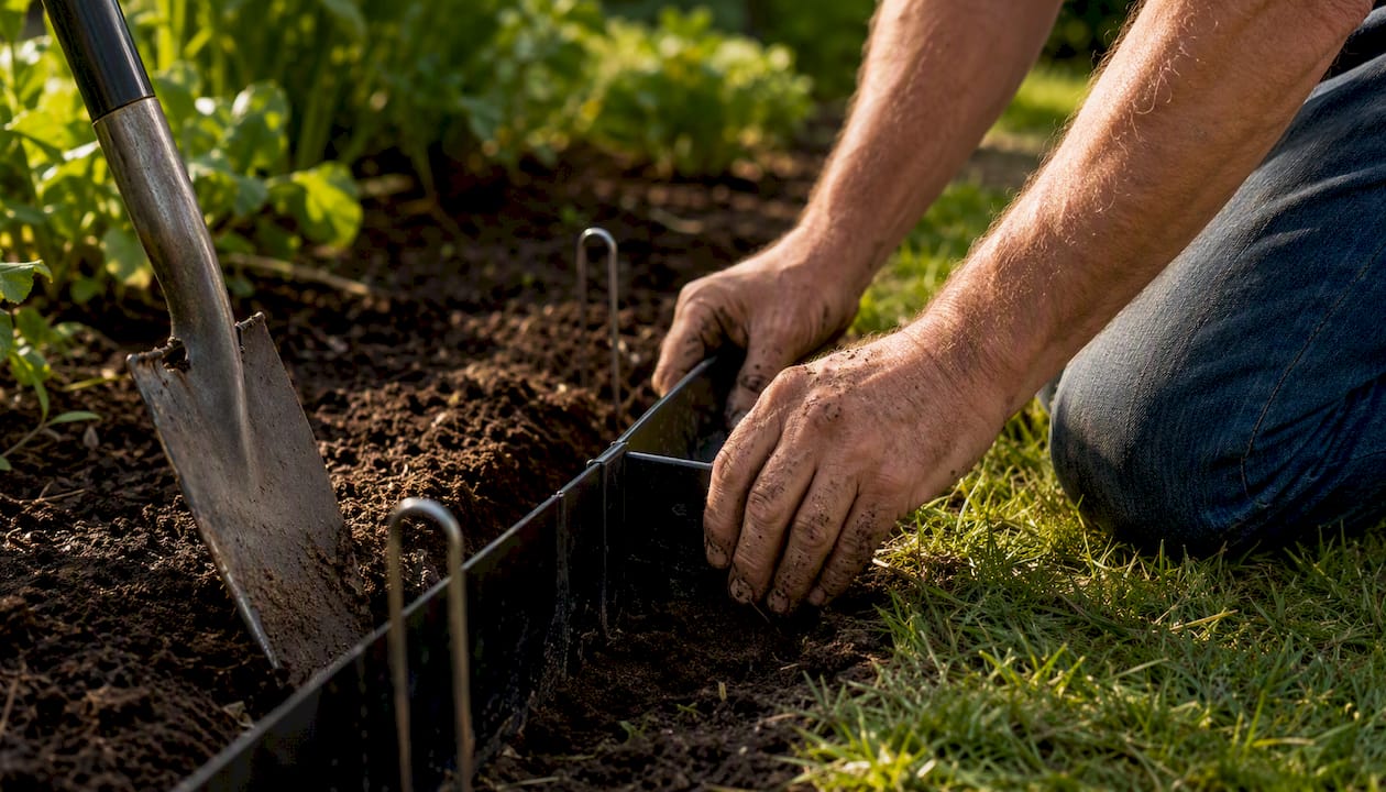 Hands installing plastic garden edging in soil