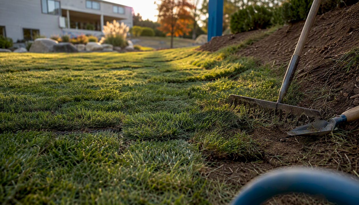 Freshly installed commercial sod with soil testing tools