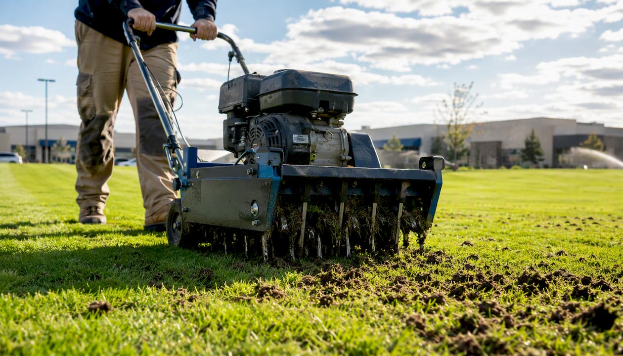 Aeration machine loosening commercial turf soil