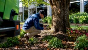 Arborist inspecting a mature commercial tree