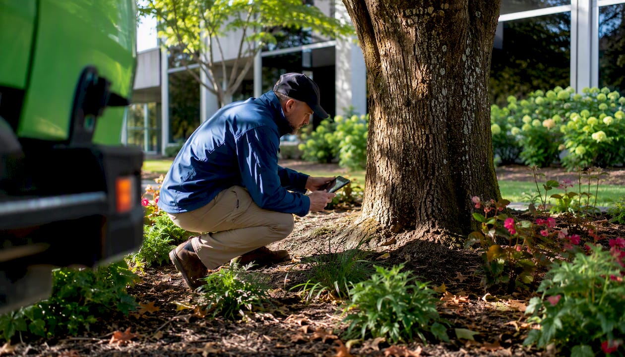 Arborist inspecting a mature commercial tree