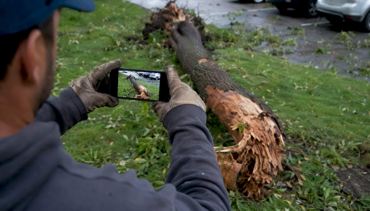 Photographing storm-damaged tree branch