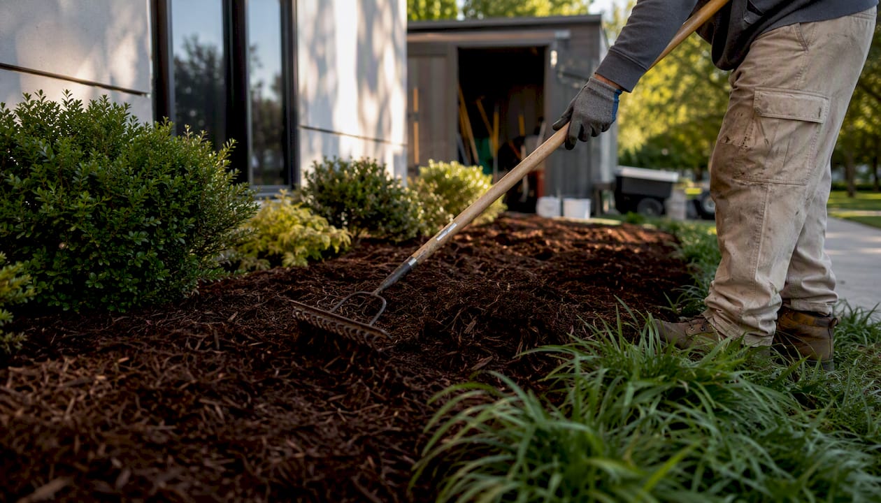 Hands spreading mulch in a commercial landscape bed