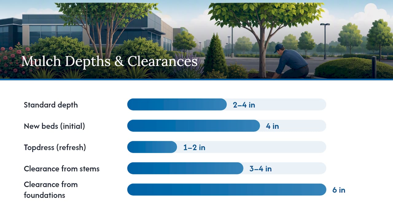 How to apply mulch correctly: depths, clearances, and crew specs — overview diagram