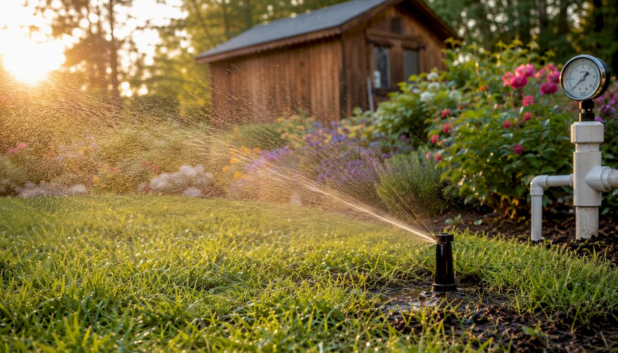 Sprinkler head spraying water and pressure gauge