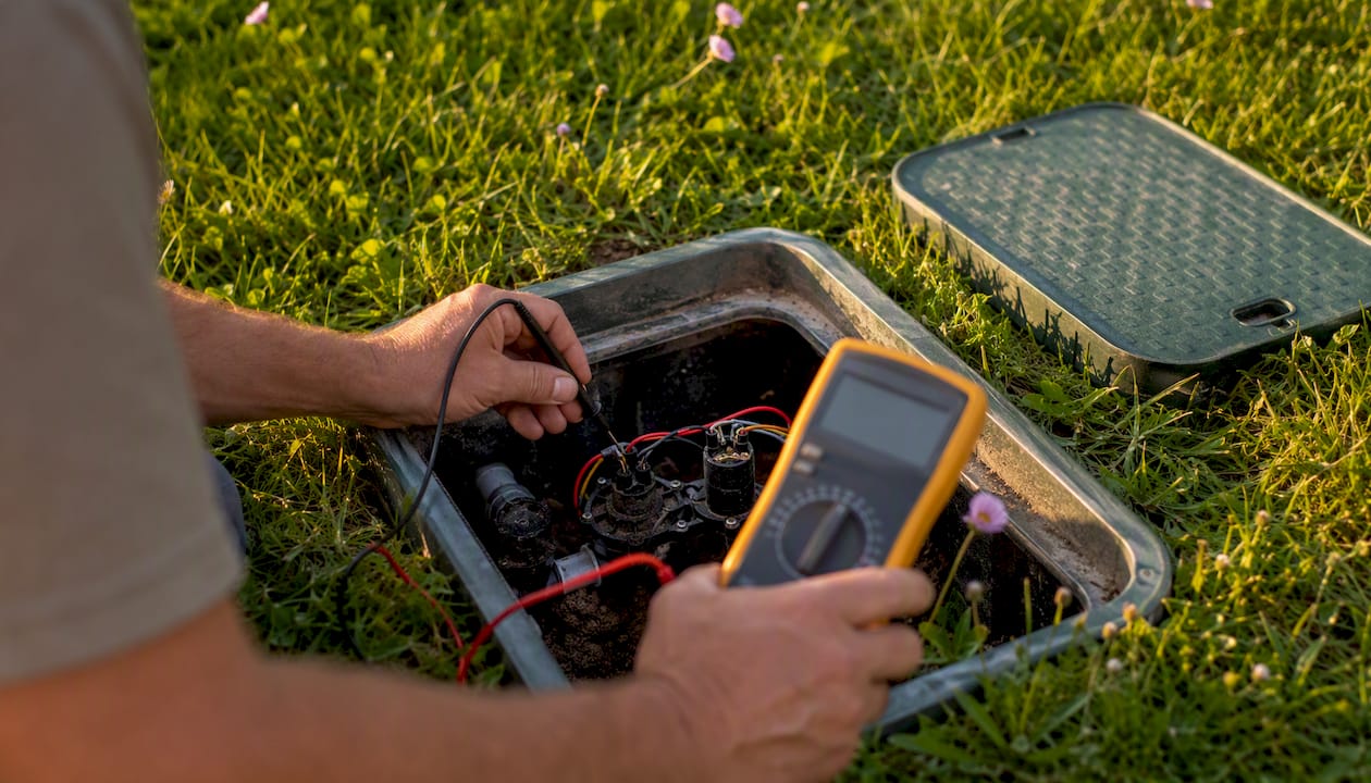 Multimeter testing irrigation valve solenoid