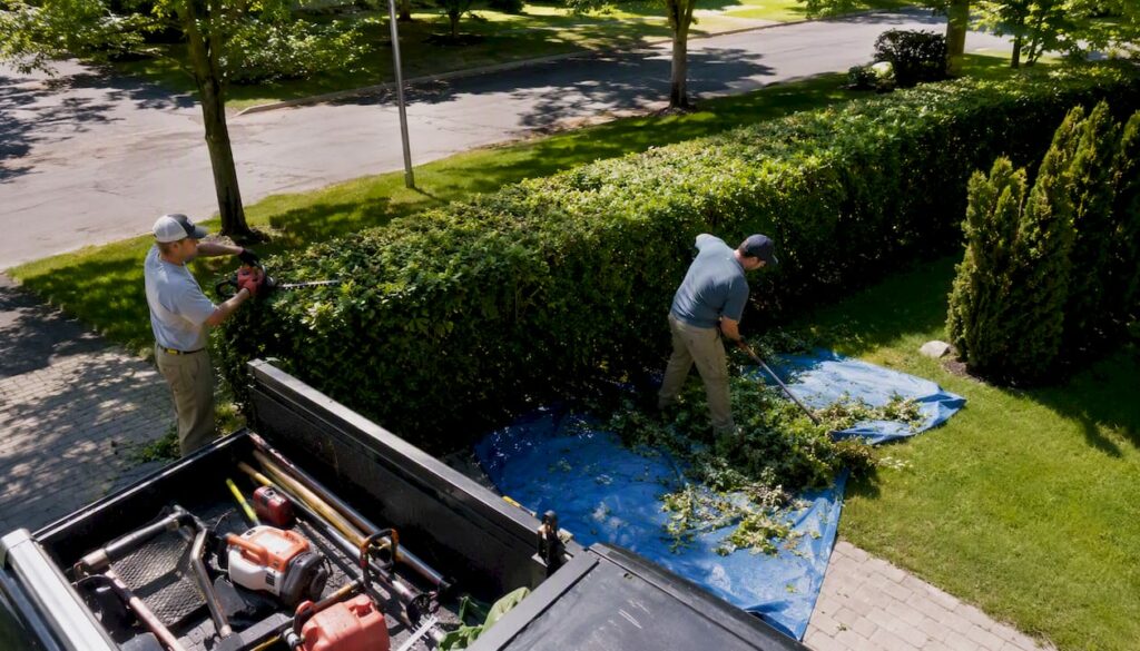 Grounds crew mowing green lawn
