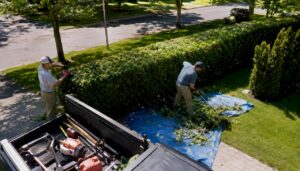Grounds crew mowing green lawn