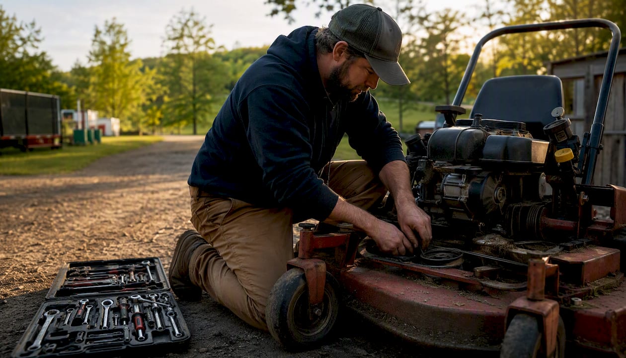 Technician maintaining commercial lawn mower
