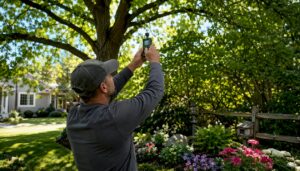 Hands measuring tree canopy in residential yard