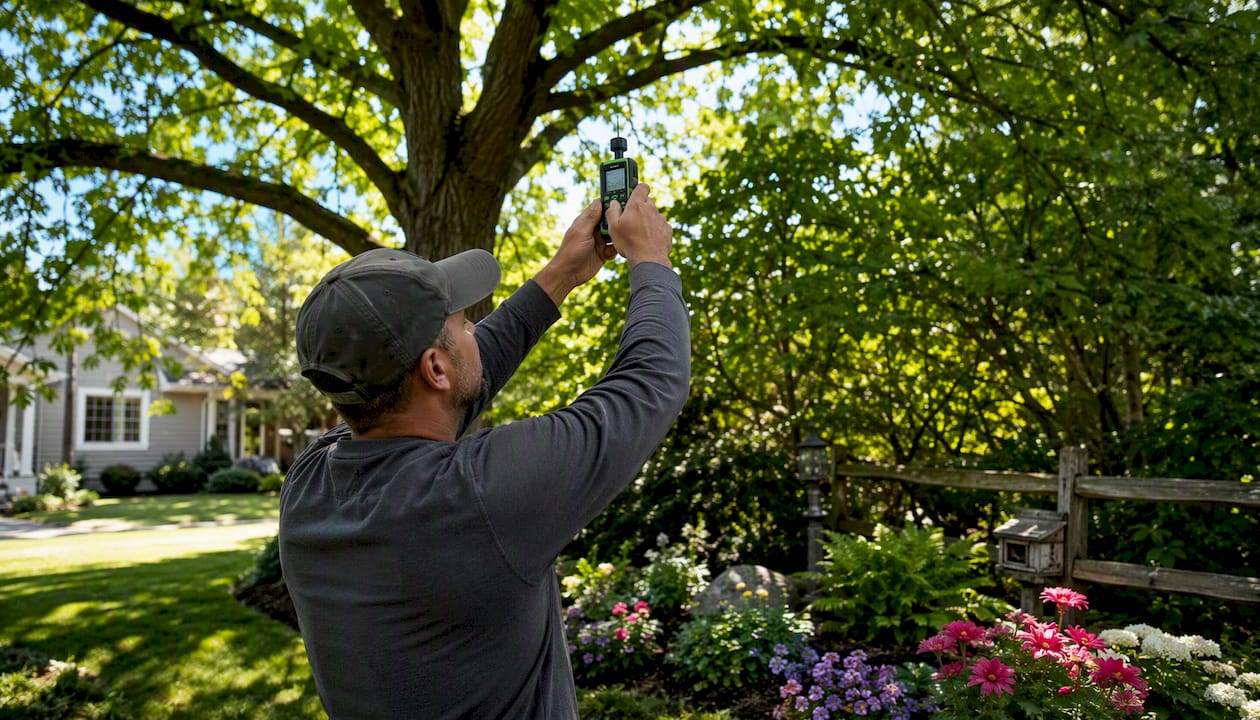 Hands measuring tree canopy in residential yard