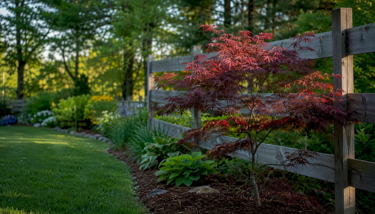 Japanese maple near stone wall backdrop