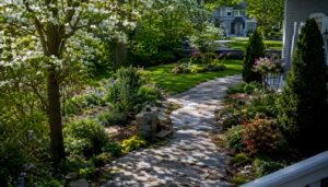 Contrasting residential and commercial landscaped yards
