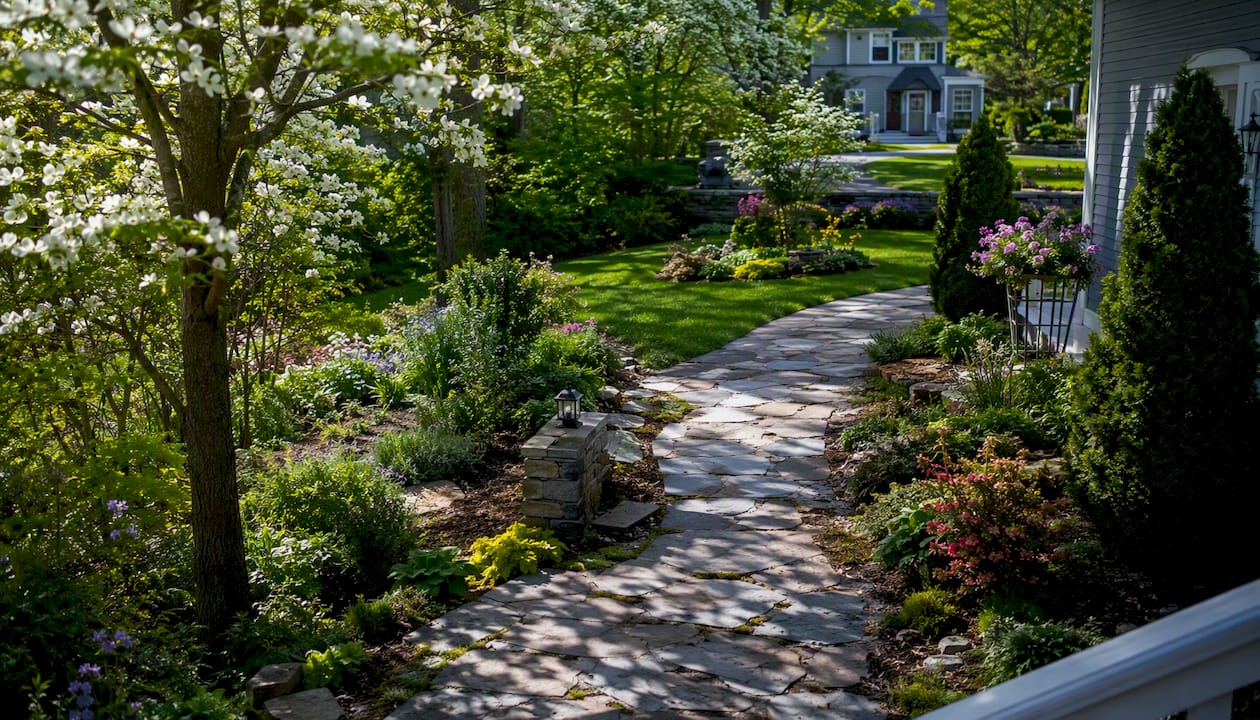 Contrasting residential and commercial landscaped yards