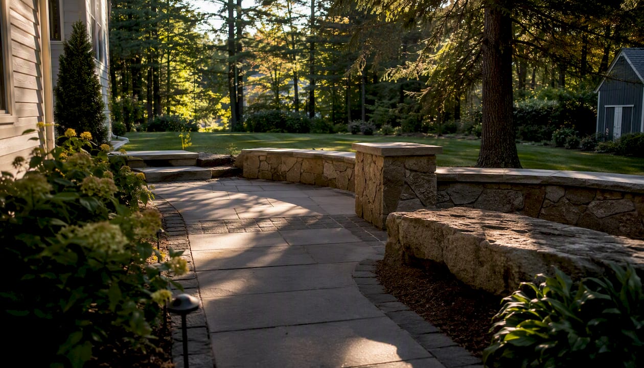 Concrete paver patio with natural stone seating wall