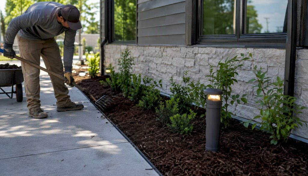 Landscaper refreshing commercial property exterior