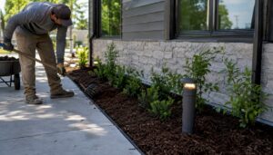 Landscaper refreshing commercial property exterior