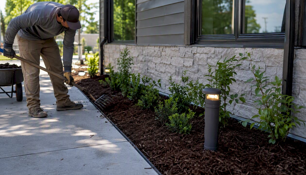Landscaper refreshing commercial property exterior