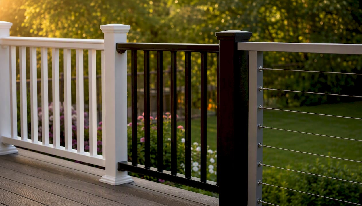 Varied deck railing types on a residential deck